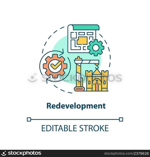 Redevelopment concept icon. Urban architecture. Cultural heritage preservation type abstract idea thin line illustration. Isolated outline drawing. Editable stroke. Arial, Myriad Pro-Bold fonts used. Redevelopment concept icon
