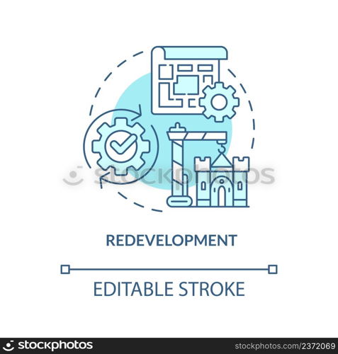 Redevelopment turquoise concept icon. Urban architecture. Heritage preservation type abstract idea thin line illustration. Isolated outline drawing. Editable stroke. Arial, Myriad Pro-Bold fonts used. Redevelopment turquoise concept icon