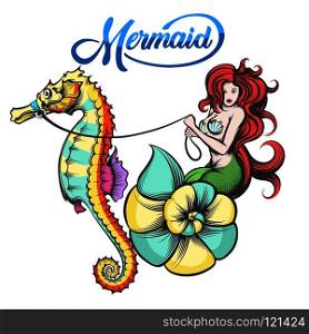 Redhair Mermaid in the shell controls the sea horse. Vector Illustration.