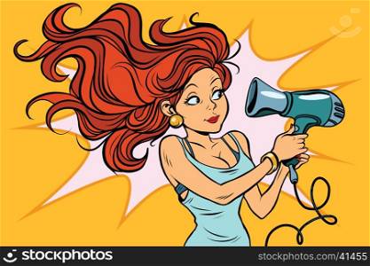 Redhead comics woman dries the hair dryer, pop art retro comic book illustration