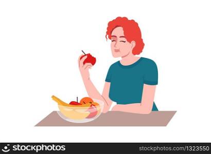 Redhead girl eating fruits semi flat RGB color vector illustration. Healthy nutrition, vitamin diet. Young caucasian woman enjoying fresh apple isolated cartoon character on white background