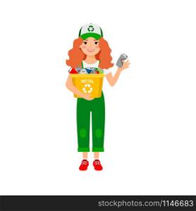 Redhead girl learning recycle trash vector illustration, on white background. Redhead girl learning recycle trash