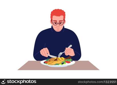 Redhead guy eating seafood semi flat RGB color vector illustration. Dinner at restaurant. Caucasian man enjoying salmon with lemon and vegetables isolated cartoon character on white background