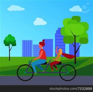 Redhead mother and her young blonde daughter riding purple tandem bicycle isolated vector on background of skyscrapers cartoon style cyclists in park. Mother Daughter Riding Bicycle in City Park Vector