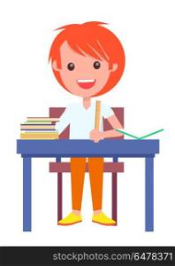 Redhead Schoolboy Sitting at Table, Pile of Books. Redhead schoolboy sitting at table with pile of books isolated on white background, vector illustration in back to school concept