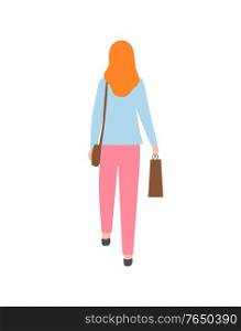 Redhead woman back view, isolated cartoon character in flat style. Vector girl with brown sack and pack, mother or wife on summer fair, girl in casual. Redhead Woman Back View Isolated Cartoon Character