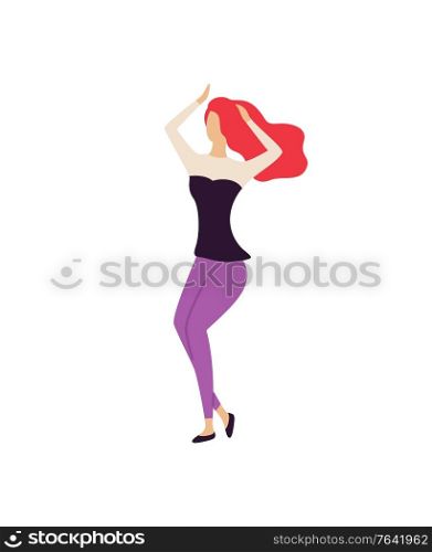 Redhead woman in purple trousers and black shirt merrily dancing with hands up. Vector sexy lady in dance isolated cartoon character, girl on disco party. Redhead Woman in Trousers and Shirt Cute Dancing