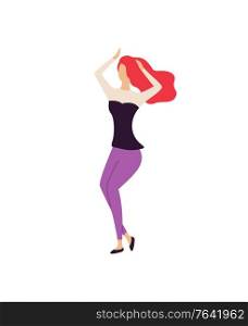 Redhead woman in purple trousers and black shirt merrily dancing with hands up. Vector sexy lady in dance isolated cartoon character, girl on disco party. Redhead Woman in Trousers and Shirt Cute Dancing