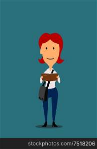 Redhead woman with crossbody bag is reading book. Education, I love reading concept design. Cartoon style. Young woman is reading book, cartoon style