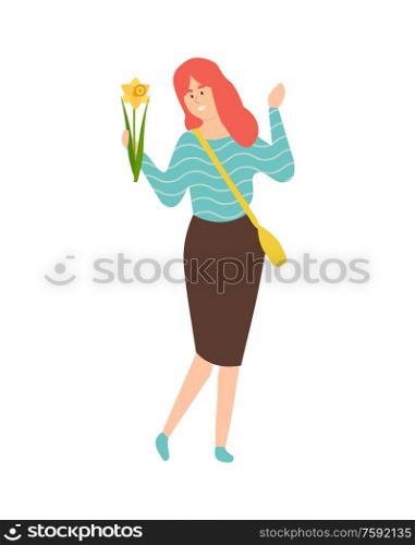 Redhead woman with narcissus or daffodil flower isolated female character. Smiling girl in brown skirt and blue sweater, 8 March or birthday party. Redhead Woman with Narcissus or Daffodil Flower