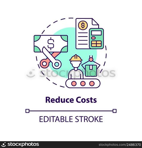 Reduce costs concept icon. Production principle. Purpose of lean manufacturing abstract idea thin line illustration. Isolated outline drawing. Editable stroke. Arial, Myriad Pro-Bold fonts used. Reduce costs concept icon