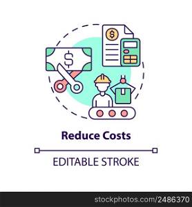 Reduce costs concept icon. Production principle. Purpose of lean manufacturing abstract idea thin line illustration. Isolated outline drawing. Editable stroke. Arial, Myriad Pro-Bold fonts used. Reduce costs concept icon