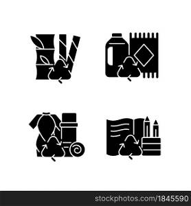 Reduce environmental pollution black glyph icons set on white space. Compostable straws. Ethical flooring option. Repurposing surfing suits. Silhouette symbols. Vector isolated illustration. Reduce environmental pollution black glyph icons set on white space