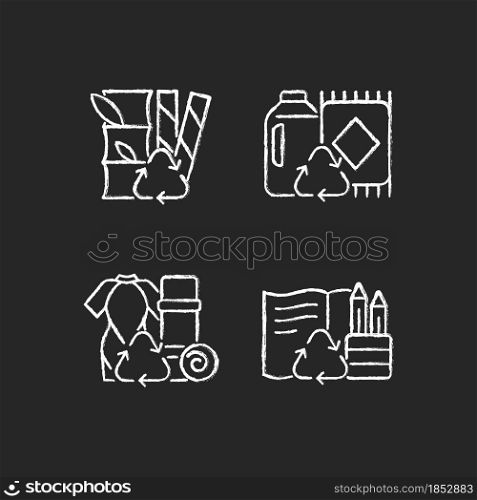Reduce environmental pollution chalk white icons set on dark background. Compostable straws. Ethical flooring option. Repurposing surfing suits. Isolated vector chalkboard illustrations on black. Reduce environmental pollution chalk white icons set on dark background