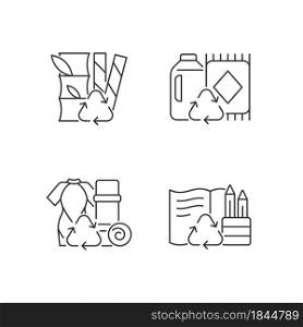Reduce environmental pollution linear icons set. Compostable straws. Ethical flooring option. Customizable thin line contour symbols. Isolated vector outline illustrations. Editable stroke. Reduce environmental pollution linear icons set