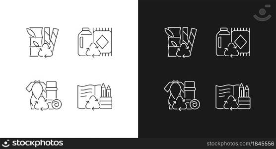 Reduce environmental pollution linear icons set for dark and light mode. Compostable straws. Ethical flooring. Customizable thin line symbols. Isolated vector outline illustrations. Editable stroke. Reduce environmental pollution linear icons set for dark and light mode