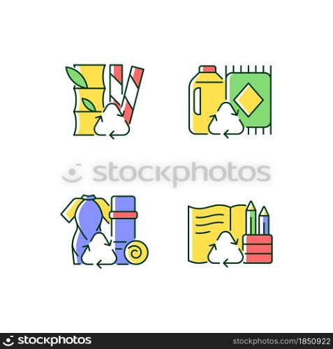 Reduce environmental pollution RGB color icons set. Compostable straws. Ethical flooring option. Repurposing surfing suits. Isolated vector illustrations. Simple filled line drawings collection. Reduce environmental pollution RGB color icons set