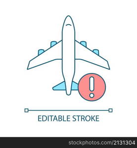 Reduce plane trips RGB color icon. Give up flying. Preventing air pollution. Stop global warming. Isolated vector illustration. Simple filled line drawing. Editable stroke. Arial font used. Reduce plane trips RGB color icon