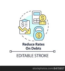 Reduce rates on debts concept icon. Low interest rate. Budgeting for inflation abstract idea thin line illustration. Isolated outline drawing. Editable stroke. Arial, Myriad Pro-Bold fonts used. Reduce rates on debts concept icon