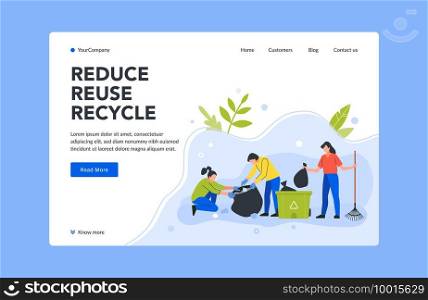 Reduce reuse and recycle trash landing page. Vector recycle garbage and ecological garbage or litter, illustration reuse waste and trash. Reduce reuse and recycle trash landing page