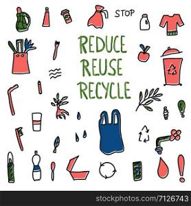 Reduce Reuse Recycle concept. Quote with eco lifestyle elements. Emblem with handwritten lettering and zero waste symbols set. Vector illustration.
