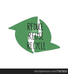 Reduce Reuse Recycle. Quote with decor. Emblem with handwritten lettering. Vector conceptual illustration.