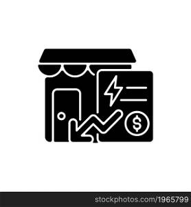Reduced communal payments black glyph icon. Utility payment for small business. Discount and price deduction. Utility service fee. Silhouette symbol on white space. Vector isolated illustration. Reduced communal payments black glyph icon