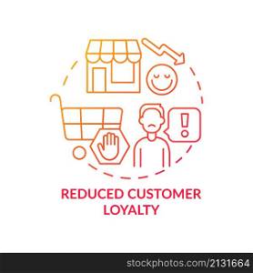 Reduced customer loyalty red gradient concept icon. Managing consumer expectations abstract idea thin line illustration. Isolated outline drawing. Roboto-Medium, Myriad Pro-Bold fonts used. Reduced customer loyalty red gradient concept icon