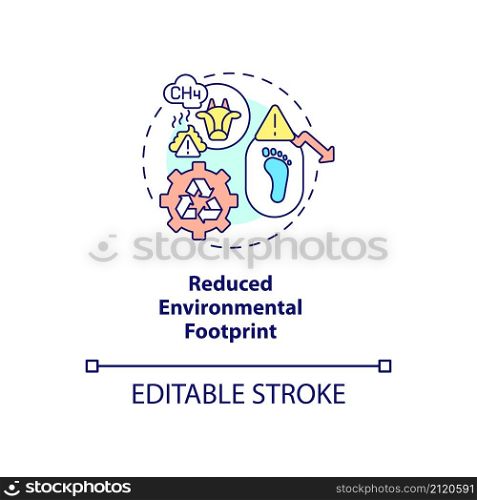 Reduced environmental footprint concept icon. Smart agriculture advantage abstract idea thin line illustration. Isolated outline drawing. Editable stroke. Roboto-Medium, Myriad Pro-Bold fonts used. Reduced environmental footprint concept icon