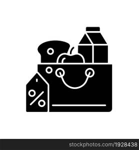 Reduced food prices black glyph icon. Grocery discounts. Buying products at low price. Food security and stability. Poverty and hunger. Silhouette symbol on white space. Vector isolated illustration. Reduced food prices black glyph icon