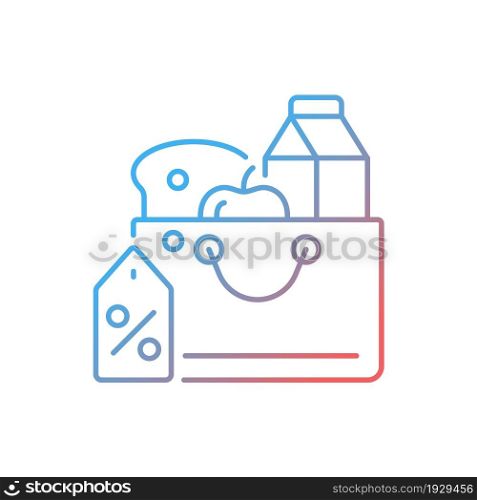 Reduced food prices gradient linear vector icon. Grocery discounts. Buying products at low price. Poverty and hunger. Thin line color symbol. Modern style pictogram. Vector isolated outline drawing. Reduced food prices gradient linear vector icon