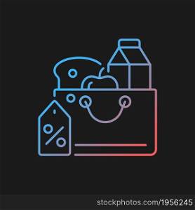 Reduced food prices gradient vector icon for dark theme. Grocery discounts. Buying products at low price. Thin line color symbol. Modern style pictogram. Vector isolated outline drawing. Reduced food prices gradient vector icon for dark theme