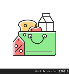Reduced food prices RGB color icon. Grocery discounts. Buying products at low price. Food security and stability. Poverty and hunger. Isolated vector illustration. Simple filled line drawing. Reduced food prices RGB color icon