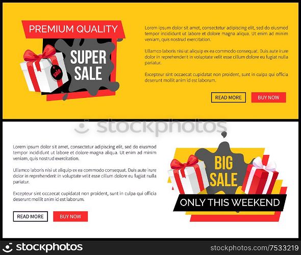 Reduced price on goods, special offer. Present in box decorated by bow. Premium quality of products, super sale, shops discount vector landing page sample.. Reduced Price on Goods, Special Offer. Present Box