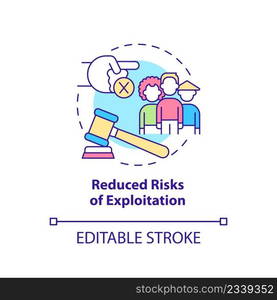 Reduced risks of exploitation concept icon. Positive impact of≤galizing immigrants abstract idea thin li≠illustration. Isolated outli≠drawing. Editab≤stroke. Arial, Myriad Pro-Bold fonts used. Reduced risks of exploitation concept icon