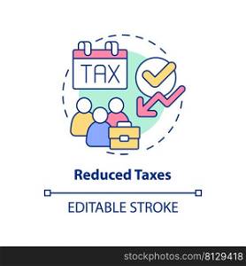 Reduced taxes concept icon. Cooperative society benefit abstract idea thin line illustration. Taxable income. Isolated outline drawing. Editable stroke. Arial, Myriad Pro-Bold fonts used. Reduced taxes concept icon