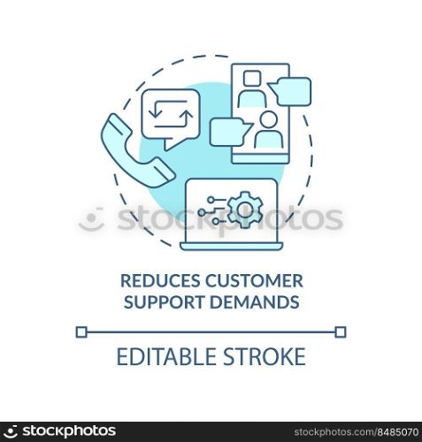 Reduces customer support demand turquoise concept icon. Client engagement platform abstract idea thin line illustration. Isolated outline drawing. Editable stroke. Arial, Myriad Pro-Bold fonts used. Reduces customer support demand turquoise concept icon