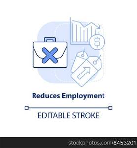 Reduces employment light blue concept icon. Economic correlation. Effect of inflation abstract idea thin line illustration. Isolated outline drawing. Editable stroke. Arial, Myriad Pro-Bold fonts used. Reduces employment light blue concept icon