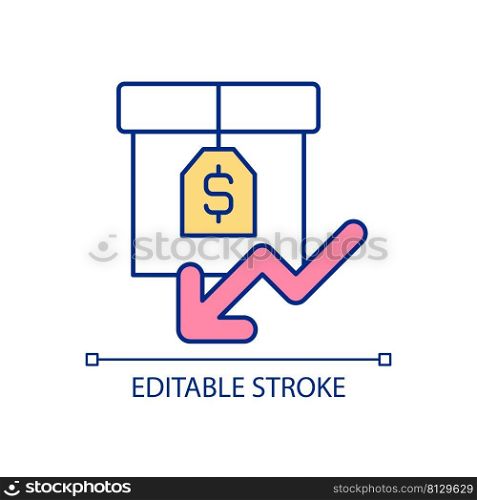 Reducing cost of product RGB color icon. Lowering price at business. Selling goods. Price-cutting strategy. Isolated vector illustration. Simple filled line drawing. Editable stroke. Arial font used. Reducing cost of product RGB color icon