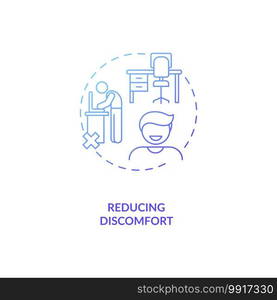 Reducing discomfort concept icon. Ergonomic design benefit idea thin line illustration. Reducing workload and increasing rest. Taking breaks. Right equipment. Vector isolated outline RGB color drawing. Reducing discomfort concept icon