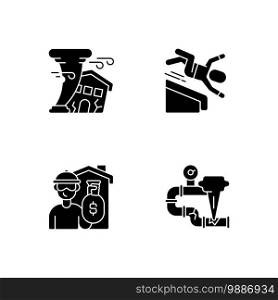 Reducing hazard risks black glyph icons set on white space. Hurricanes, tornadoes. Falling from height. Home burglary and robbery. Gas leak. Silhouette symbols. Vector isolated illustration. Reducing hazard risks black glyph icons set on white space