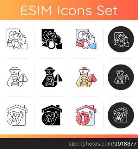 Reducing hazard risks icons set. Electric shock. Chemical poisoning. Insect invasion. Faulty wiring. Toxic household products. Bugs. Linear, black and RGB color styles. Isolated vector illustrations. Reducing hazard risks icons set