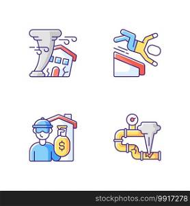 Reducing hazard risks RGB color icons set. Hurricanes, tornadoes. Falling from height. Home burglary and robbery. Gas leak. Catastrophic property damage. Fall risks. Isolated vector illustrations. Reducing hazard risks RGB color icons set