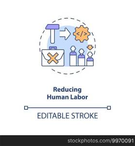 Reducing human labor concept icon. Industry 4.0 goal idea thin line illustration. Automation process. Robots displacing human workers. Vector isolated outline RGB color drawing. Editable stroke. Reducing human labor concept icon