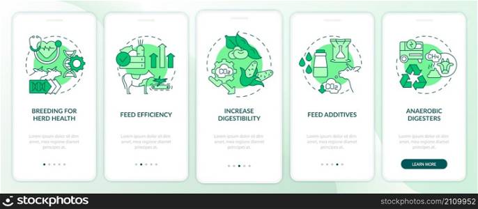 Reducing methane emissions green onboarding mobile app screen. Walkthrough 5 steps graphic instructions pages with linear concepts. UI, UX, GUI template. Myriad Pro-Bold, Regular fonts used. Reducing methane emissions green onboarding mobile app screen