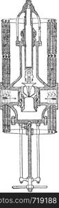 Reducing valve, Belleville system, Elevation, section, vintage engraved illustration. Industrial encyclopedia E.-O. Lami - 1875.