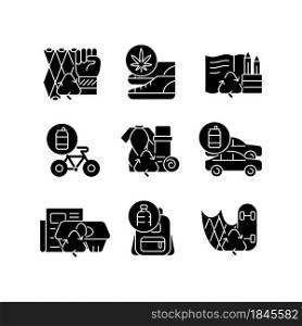 Reducing waste black glyph icons set on white space. Upcycling products. Eco friendly shoes. Biodegradable stationery. Sustainable yoga equipment. Silhouette symbols. Vector isolated illustration. Reducing waste black glyph icons set on white space