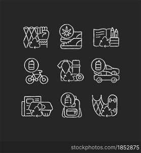 Reducing waste chalk white icons set on dark background. Upcycling products. Eco friendly shoes. Biodegradable stationery. Sustainable yoga equipment. Isolated vector chalkboard illustrations on black. Reducing waste chalk white icons set on dark background
