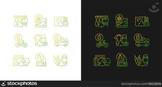 Reducing waste gradient icons set for dark and light mode. Upcycling products. Eco friendly shoes. Thin line contour symbols bundle. Isolated vector outline illustrations collection on black and white. Reducing waste gradient icons set for dark and light mode