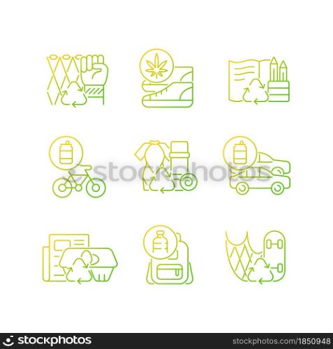 Reducing waste gradient linear vector icons set. Upcycling products. Eco friendly shoes. Biodegradable stationery. Thin line contour symbols bundle. Isolated outline illustrations collection. Reducing waste gradient linear vector icons set